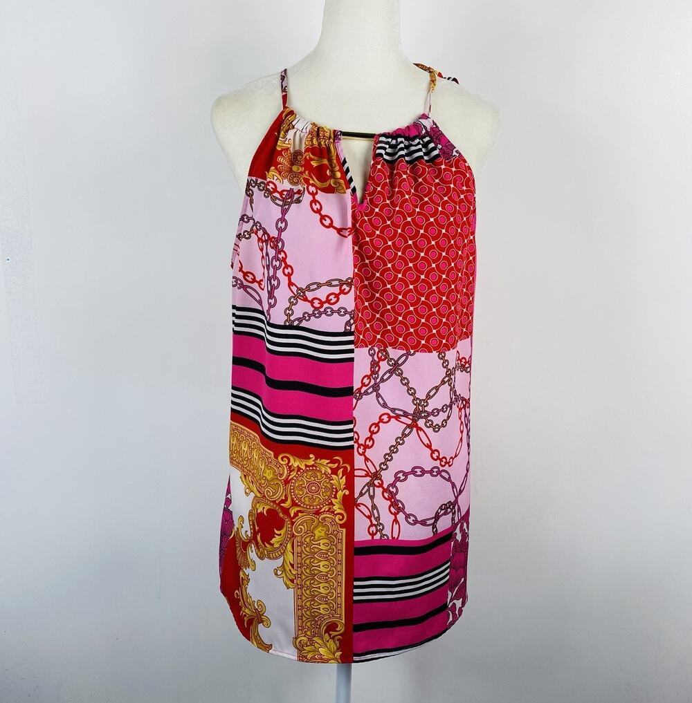 New York & Company Top XL Halter Neck Sleeveless Tie Shoulder Pink Red